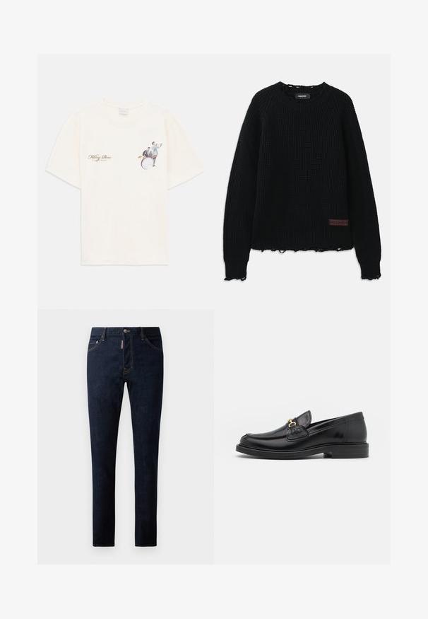 Fekete, gofriknités pulóver, kerek nyakkal, bordás mandzsettákkal, rojtos aljjal és egy kis barna bőr logóval az alsó bal oldalon.; Krém színű póló, kis nyomattal, amelyen két zenész látható, az egyik trombitán, a másik dobokon játszik, és a szöveg: "Filling Pieces 'United By Rhythm'".; Sötétkék farmernadrág, slim fit szabással, kontrasztos varrásokkal, gombos záródással és öt zsebes kialakítással. Simaszövet és tartós anyag.; Fekete bőr loaferek, lekerekített orral, aranyszínű fémrész és varrási részletek díszítik, alacsony, strukturált gumitalpon.
