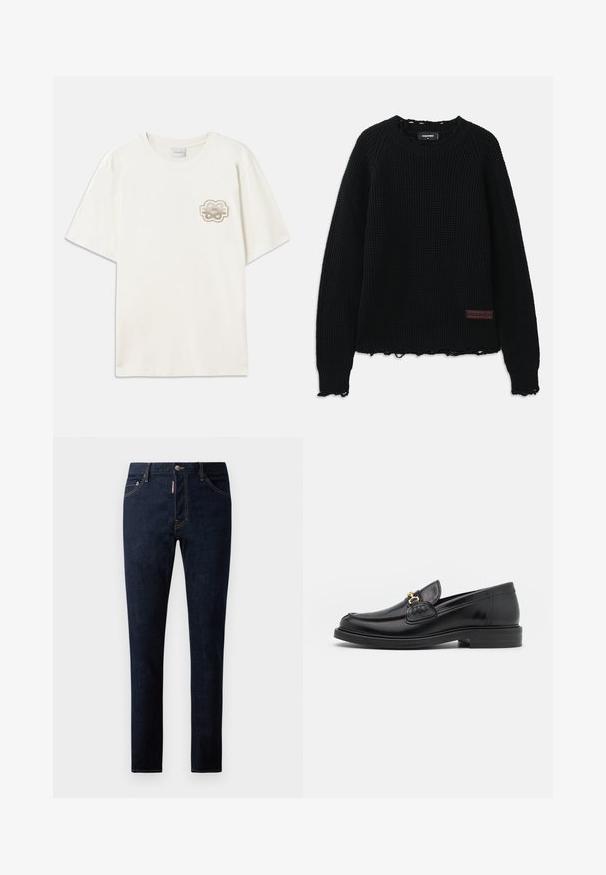 Fekete, gofriknités pulóver, kerek nyakkal, bordás mandzsettákkal, rojtos aljjal és egy kis barna bőr logóval az alsó bal oldalon.; Krém színű, rövid ujjú póló, puha pamutból készült. Bal mellen kör alakú hímzett logó található bézs árnyalatokban. Négyzet alakú.; Sötétkék farmernadrág, slim fit szabással, kontrasztos varrásokkal, gombos záródással és öt zsebes kialakítással. Simaszövet és tartós anyag.; Fekete bőr loaferek, lekerekített orral, aranyszínű fémrész és varrási részletek díszítik, alacsony, strukturált gumitalpon.