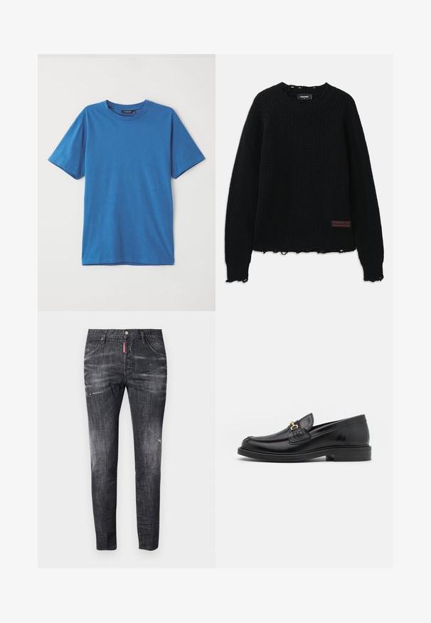 Sort waffle-strikket sweatshirt med rund hals, ribbede manchetter, frynset kant og et lille brunt læderlogo-patch nederst til venstre.; Blå bomulds t-shirt med korte ærmer, rund hals og en glat tekstur. Uden mønstre eller accenter. Enkel, klassisk design.; Mørkegrå denim jeans med slim fit, subtil falmning, slidmærker på lårene, fem lommer og en kontrasterende rød mærke detalje.; Sorte læder loafers med en rund tå, der har guld hardware accent og syningsdetaljer, placeret på en lav, tekstureret gummisål.