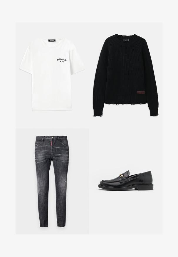 Black waffle-knit sweater with a crew neckline, ribbed cuffs, frayed hem, and a small brown leather logo patch on the lower left side.; White cotton T-shirt with a crew neckline, short sleeves, and a black embroidered logo reading "DSQUARED2 MILANO" on the left chest.; Dark gray denim jeans with a slim fit, subtle fading, distress marks on the thighs, five pockets, and a contrasting red label detail.; Black leather loafers with a rounded toe, featuring gold hardware accent and stitching detail, set on a low, textured rubber sole.