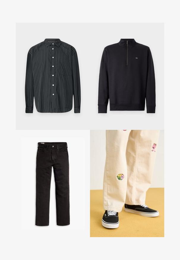 Černá mikina s vysokým límcem a čtvrtinovým zipem. Má dlouhé rukávy a decentní logo na hrudi. Hladká textilie.; Černá košile s dlouhým rukávem na knoflíky s tenkými bílými svislými pruhy, jednou náprsní kapsou, hladkým materiálem a klasickým límcem.; Černé džíny rovného střihu s pěti kapsami, zapínáním na knoflík a poutky na opasek, položené na bílém pozadí.; Béžové bavlněné kalhoty s hravými vyšívanými vzory, včetně růžové postavičky a barevného bloku, v kombinaci s černými šněrovacími teniskami.