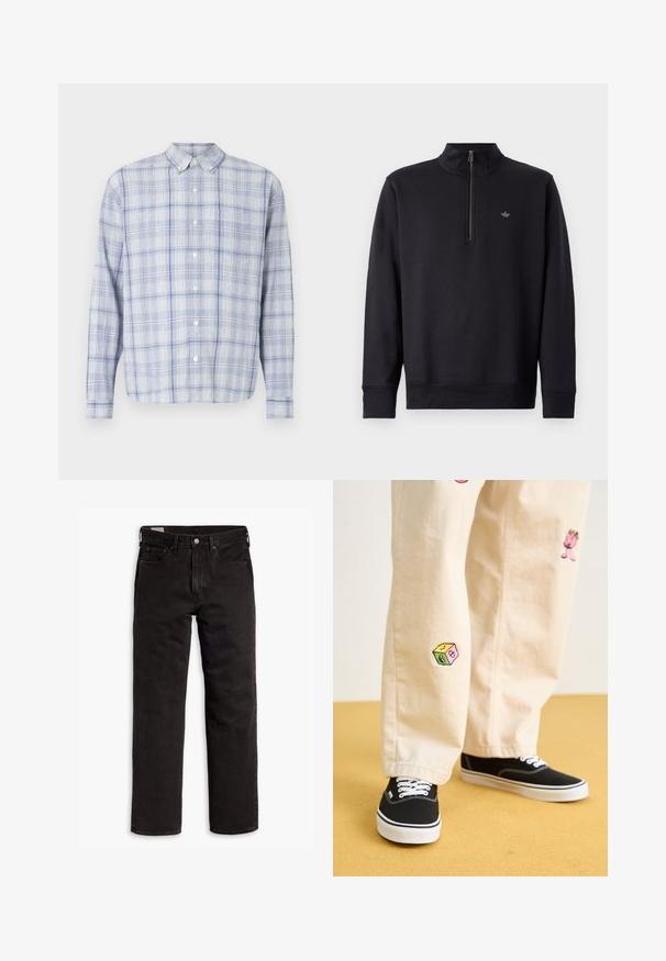 Black sweatshirt with a high collar and a quarter zip. Features long sleeves and a subtle logo on the chest. Smooth fabric texture.; Long-sleeve button-up shirt in light blue and white checkered pattern. Features a classic collar and soft, textured fabric.; Black straight-leg denim jeans with five pockets, button closure, and belt loops, laid flat on a white background.; Beige cotton pants with playful embroidered designs including a pink character and colored block, paired with black lace-up sneakers.