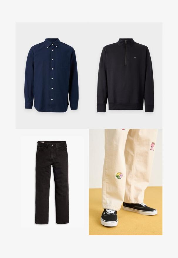 Sweatshirt noir avec un col haut et une fermeture éclair quart de tour. Dispose de manches longues et d'un logo subtil sur la poitrine. Texture de tissu lisse.; Chemise à manches longues bleu marine à boutons, avec une poche poitrine et un col boutonné, présentée sur un fond blanc.; Jean en denim noir à jambes droites avec cinq poches, fermeture à bouton et passants de ceinture, posés à plat sur un fond blanc.; Pantalon en coton beige avec des motifs brodés ludiques, incluant un personnage rose et un bloc de couleur, associé à des baskets noires à lacets.