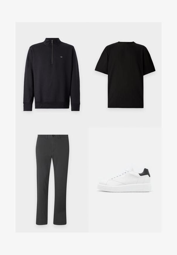 Black sweatshirt with a high collar and a quarter zip. Features long sleeves and a subtle logo on the chest. Smooth fabric texture.; Black short-sleeve T-shirt made from ribbed fabric. Features a round neckline and a relaxed fit with a smooth texture. Back view only.; Black trousers made from smooth fabric, with a straight-leg design, zip fly, button closure, and belt loops. Basic and functional style.; White leather sneaker with a black heel tab, flat laces, textured midsole, and branding on the outer side. Designed for casual wear.