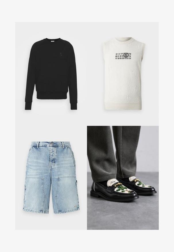 Black sweatshirt made of cotton blend, featuring a ribbed crew neck, raglan sleeves, and a small embossed logo on the chest.; Sleeveless sweater made of textured cream fabric with visible distressed details and a black graphic design featuring numbers and a circle.; Light blue denim shorts with a relaxed fit, featuring two front pockets and additional side pockets. Distressed texture throughout.; Black leather loafers with a decorative green and white textile upper. Features a gold chain accent and textured black sole.