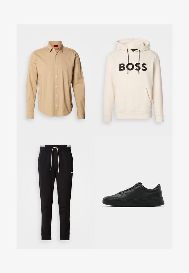 Hoodie color crema con testo "BOSS" nero sul petto, cordini neri e tasca a kangaroo anteriore.; Camicia beige a maniche lunghe in cotone, con colletto button-down, bottoni frontali e un'etichetta rossa sul lato. Texture liscia.; Pantaloni jogger slim-fit neri con cordoncino bianco, polsini a coste e logo discreto sulla coscia contro uno sfondo uniforme.; Sneaker nera con tomaia in pelle liscia, punta rotonda, lacci piatti, collare imbottito e design minimalista. Suola in gomma con un delicato motivo a rilievo.