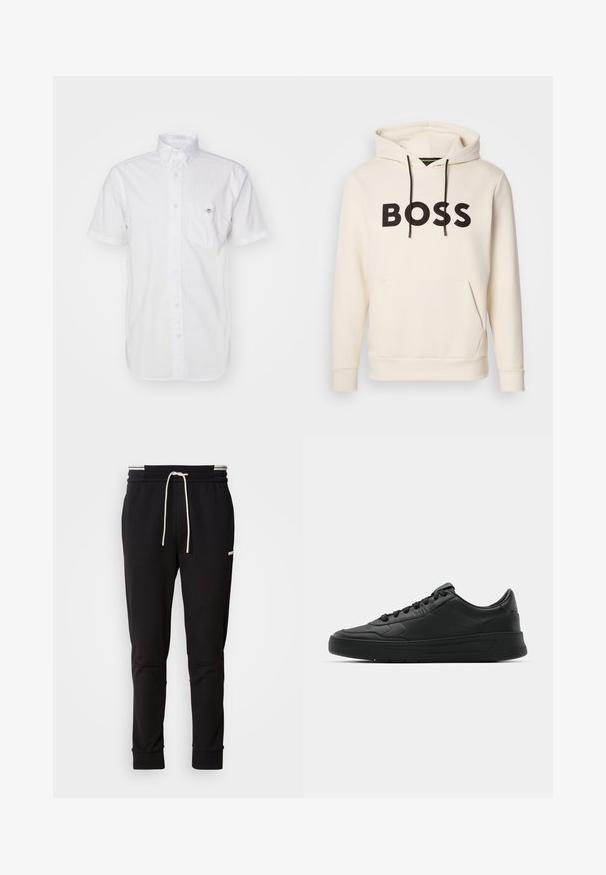 Helle Hoodie in Cremefarbe mit schwarzem "BOSS"-Text auf der Brust, schwarzen Kordelzügen und einer frontalen Kängurutasche.; Kurze, weiße Hemdbluse aus leichtem Baumwollstoff, mit einer Brusttasche und dezentem Logo auf der Tasche. Glatte Textur.; Schwarzere Slim-Fit-Jogginghose mit weißem Kordelzug, gerippten Bündchen und subtilen Logo am Oberschenkel auf einem schlichten Hintergrund.; Schwarze Sneaker mit glattem Lederobermaterial, runder Zehenpartie, flachen Schnürsenkeln, gepolstertem Kragen und minimalistischem Design. Gummisohle mit subtiler Profilierung.