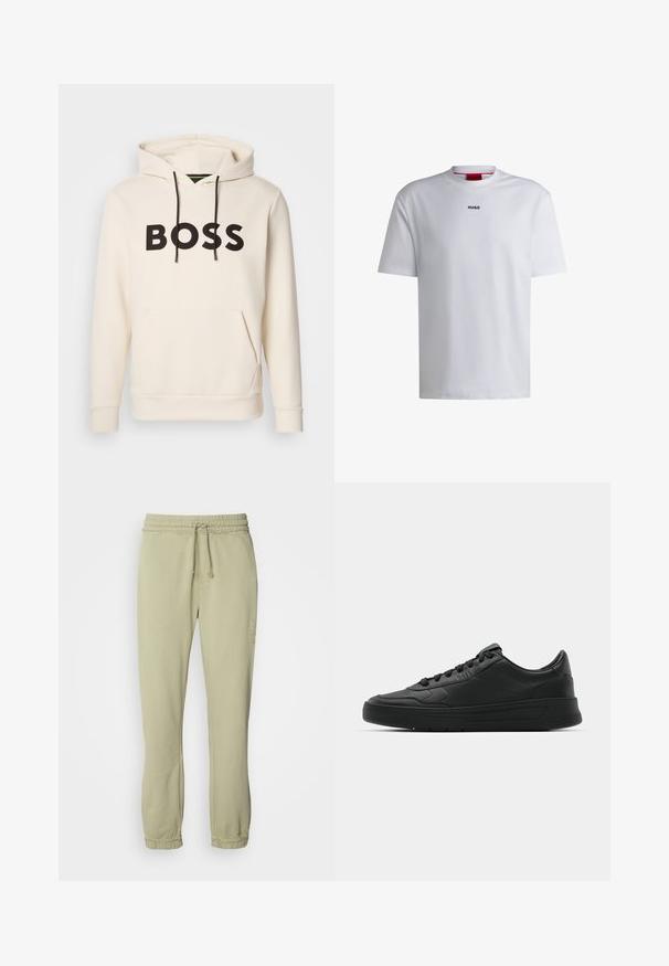 Crème kleurige hoodie met zwarte "BOSS" tekst op de borst, zwarte trekkoorden en een handige buidelzak aan de voorkant.; Witte katoenen t-shirt met korte mouwen, ronde halslijn en een zwart "HUGO" logo op de borst. Gladde textuur, casual pasvorm, geen patronen.; Lichtgroene joggerbroeken met een elastische tailleband, verstelbaar trekkoord en gathered manchetten. Gemaakt van zachte stof, met een minimalistisch ontwerp.; Zwarte sneaker met een glad leren bovenwerk, ronde neus, platte veters, gewatteerde kraag en minimalistisch design. Rubberen zool met een subtiel profiel.
