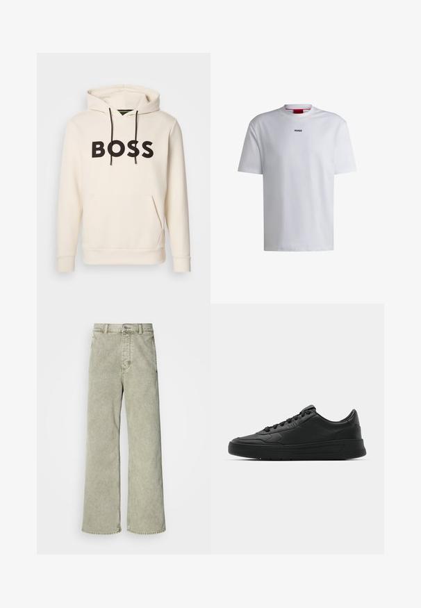 Hoodie color crema con testo "BOSS" nero sul petto, cordini neri e tasca a kangaroo anteriore.; T-shirt bianco in cotone con maniche corte, scollo rotondo e logo nero "HUGO" sul petto. Tessuto liscio, vestibilità casual, senza fantasie.; Jeans ampi di colore verde chiaro con vita alta, realizzati in denim, con chiusura a bottone e design classico a cinque tasche.; Sneaker nera con tomaia in pelle liscia, punta rotonda, lacci piatti, collare imbottito e design minimalista. Suola in gomma con un delicato motivo a rilievo.