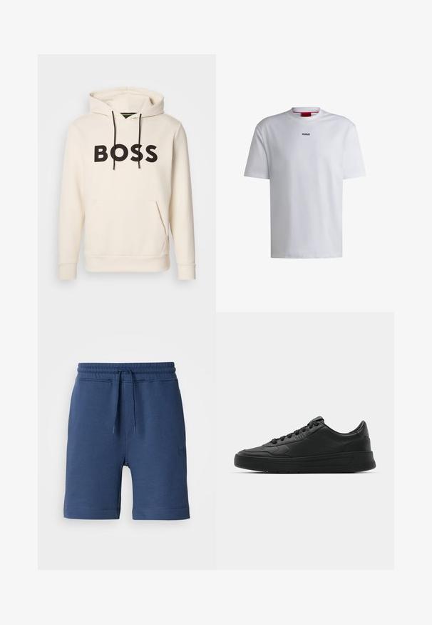 Krémová mikina s kapucí a černým nápisem "BOSS" na hrudi, černými stahovacími šňůrkami a přední kapsou ve stylu klokan.; Bílá bavlněná trička s krátkým rukávem, kulatým výstřihem a černým logem "HUGO" na hrudi. Hladká textura, volný střih, bez vzorů.; Navy modré bavlněné šortky s elastickým pasem, stahovací šňůrkou a bočními kapsami. Na levé straně se nachází malá nášivka s logem.; Černé tenisky s hladkým koženým svrškem, kulatou špičkou, plochými tkaničkami, polstrovaným límcem a minimalistickým designem. Gumová podrážka s jemným vzorkem.