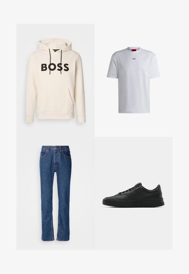 Kreemivärvi kapuutsiga särk, millel on must "BOSS" tekst rinna peal, mustad nöörid ja esine tasku.; Valge puuvillane T-särk lühikeste varrukatega, ümar kaelus ja must "HUGO" logo rinnal. Ühtlane tekstuur, vabalt lõigatud, ilma mustriteta.; Sinine denimist valmistatud sirge lõikega teksad, viie-tasku disainiga ning kergete õmblustega. Omab lukuga esiotsa ja nupuga kinnitust.; Mustmustel musta nahast ülemise osaga, ümmarguse varbaga, lamest paeltega, pehmendatud kaeluse ja minimalistliku disainiga. Kummist tald, millel on peen tihenemine.