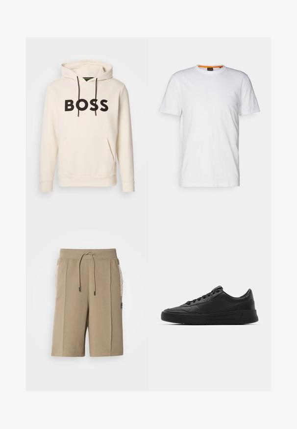 Cremefarvet hoodie med sort "BOSS" tekst på brystet, sorte snore og en front kangaroo lomme.; Hvid bomulds T-shirt med rund hals, korte ærmer og et subtilt præget logo på brystet. Indvendigt mærke har en orange detalje.; Beige bomuldsshorts med elastisk talje og snor. Har quiltede sidelommer og et logo-patch på forsiden.; Sort sneakers med glat læderoverdel, rund tå, flade snørebånd, polstret krave og minimalistisk design. Gummisål med subtilt mønster.