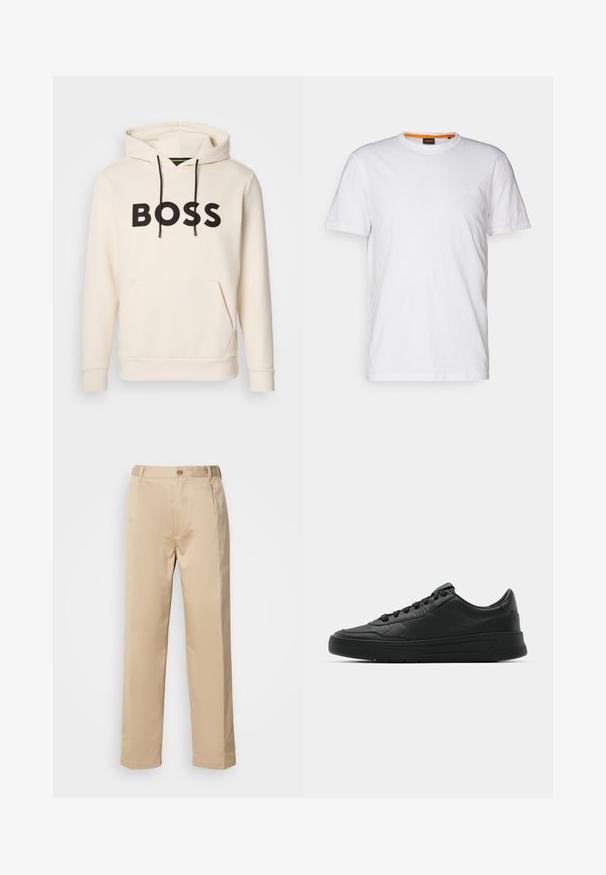 Krémová mikina s kapucí a černým nápisem "BOSS" na hrudi, černými stahovacími šňůrkami a přední kapsou ve stylu klokan.; Bílý bavlněný tričko s kulatým výstřihem, krátkými rukávy a jemně embosovaným logem na hrudi. Vnitřní štítek má oranžový akcent.; Béžové kalhoty vyrobené z lehkého materiálu, se střihem rovného nohavice, pásem s poutky na opasek a jedním zapínáním na předním díle.; Černé tenisky s hladkým koženým svrškem, kulatou špičkou, plochými tkaničkami, polstrovaným límcem a minimalistickým designem. Gumová podrážka s jemným vzorkem.
