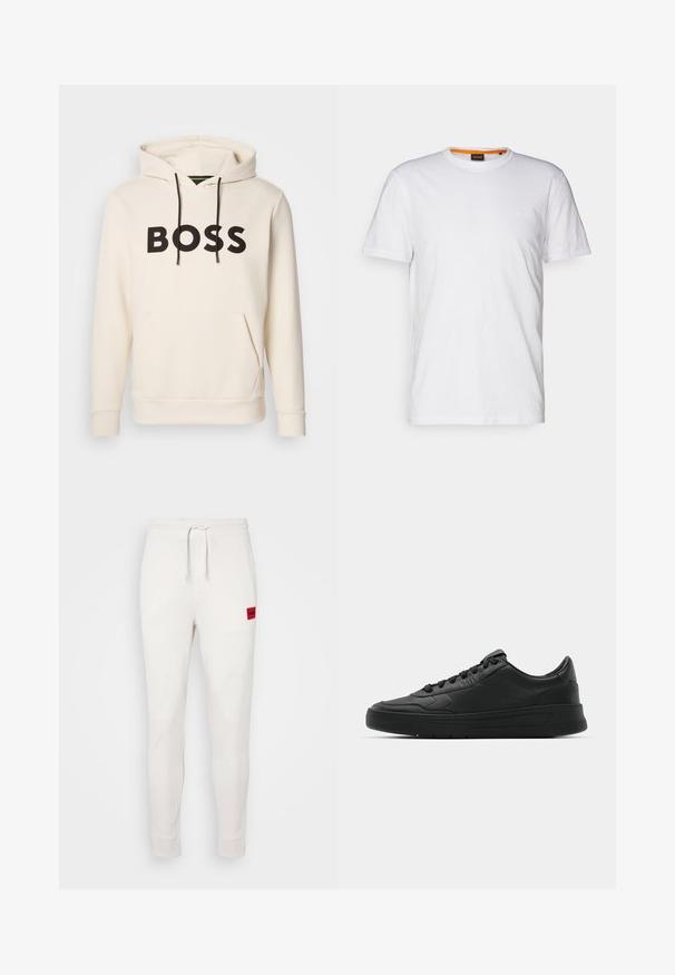 Krém színű kapucnis pulóver fekete "BOSS" felirattal a mellrészen, fekete húzózsinórokkal és egy elülső kenguruzsebbek.; Fehér pamut póló kerek nyakkivágással, rövid ujjakkal, és finoman domborított logóval a mellkason. A belső címke narancssárga akcentussal rendelkezik.; Fehér sportnadrág, húzózsinóros derékrésszel, bordázott szegéllyel és egy piros logóval a bal combján. Puha anyag és karcsú szabás.; Fekete sneaker sima bőr felsőrésszel, kerek orral, lapos fűzőkkel, párnázott nyakkal és minimalista dizájnnal. Gumi talp finom profillal.