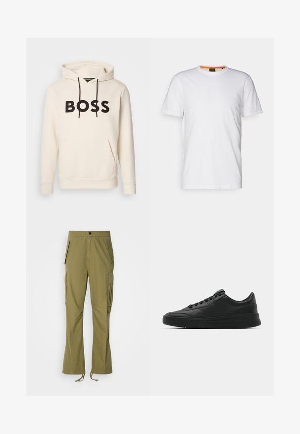 Krémová mikina s kapucňou a čiernym textom "BOSS" na hrudi, čiernymi šnúrkami a prednou kengurou vreckom.; Biely bavlnený tričko s okrúhlym výstrihom, krátkymi rukávmi a jemne embosovaným logom na hrudi. Vnútorná etiketa má oranžový akcent.; Olívovo zelené cargo nohavice s elastickým pásom, bočnými vreckami a nastaviteľnými šnúrkami na manžetách. Ľahká tkanina s hladkým povrchom.; Čierne tenisky s hladkým koženým zvrškom, okrúlym špičkou, plochými šnúrkami, polstrovaným golierom a minimalistickým dizajnom. Gumená podrážka s jemným vzorom behúňa.