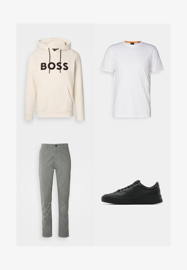 Hoodie color crema con testo "BOSS" nero sul petto, cordini neri e tasca a kangaroo anteriore.; T-shirt bianco in cotone con collo rotondo, maniche corte e un logo a rilievo discreto sul petto. L'etichetta interna ha un accento arancione.; BOSS CHINO - Chino - open grey; Sneaker nera con tomaia in pelle liscia, punta rotonda, lacci piatti, collare imbottito e design minimalista. Suola in gomma con un delicato motivo a rilievo.