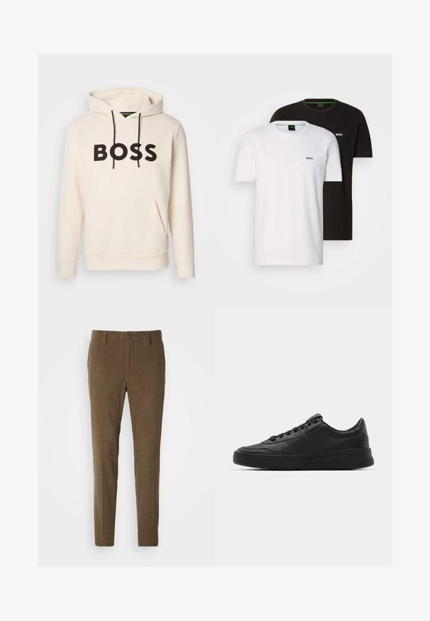 Crème kleurige hoodie met zwarte "BOSS" tekst op de borst, zwarte trekkoorden en een handige buidelzak aan de voorkant.; Twee katoenen t-shirts in zwart en wit, met een ronde hals en een klein logo op de borst. Beide hebben korte mouwen en een recht model.; Bruine corduroybroek met een slim-fit ontwerp, voorzien van een ritssluiting en een knoopsluiting. De textuur heeft duidelijke ribbelpatronen door het hele materiaal.; Zwarte sneaker met een glad leren bovenwerk, ronde neus, platte veters, gewatteerde kraag en minimalistisch design. Rubberen zool met een subtiel profiel.