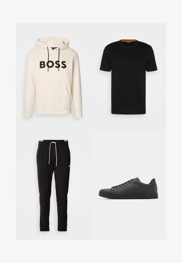 Cream-colored hoodie with black "BOSS" text on the chest, black drawstrings, and a front kangaroo pocket.; Black short-sleeve t-shirt made of soft fabric, featuring a round neckline and a subtle logo on the front. Inside collar has orange accent.; Black slim-fit jogger pants with white drawstring, ribbed cuffs, and subtle logo on the upper thigh against a plain background.; Black sneaker with smooth synthetic upper, round toe, flat laces, and a ribbed rubber sole. Minimalist design, featuring stitched accents.