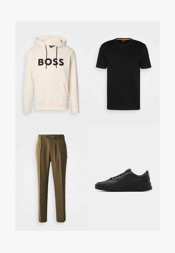 Kremfarget hettegenser med svart "BOSS" tekst på brystet, svarte snorer og en kengurulomme foran.; Svart kortermet t-skjorte laget av myk stoff, med rund hals og en subtil logo foran. Inni kragen er det oransje detaljer.; Olivenfargede bukser laget av mykt materiale, med avslappet passform, plisserte fronter og elastisk liv med matchende snor.; Sorte sneakers med glatt skinnøvre, rund tå, flate lisser, polstret krage og minimalistisk design. Gummisåle med subtilt mønster.