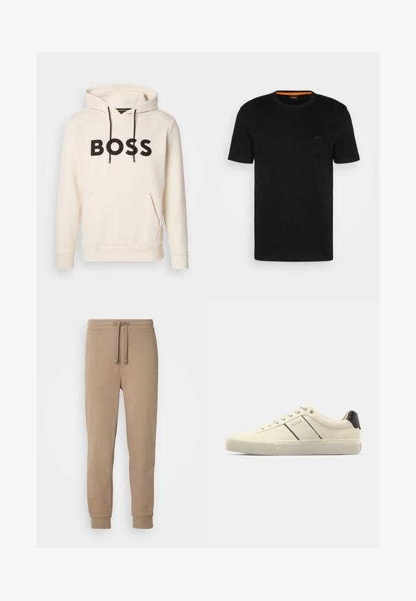 Kreminės spalvos džemperis su juodu "BOSS" tekstu ant krūtinės, juodomis pavadėlėmis ir priekinėmis kengūros kišenėmis.; Juodas trumpas rankovėmis marškinėliai, pagaminti iš minkštos medžiagos, su apvalia iškirpte ir subtilia logotipu priekyje. Vidinė apykaklė turi oranžinį akcentą.; Bežiniai medvilniniai treningai su elastine juosta, raišteliu, šoninėmis kišenėmis ir banguotais rankogaliais, pasižymintys lygiu paviršiumi ir siaurėjančia forma.; Kreminių spalvų sportbačiai su lygiu paviršiumi, turintys juodus akcentus ir ženklinimą. Klasikinis raištelių užsegimas su apvaliu pirštu ir guminiu padu.