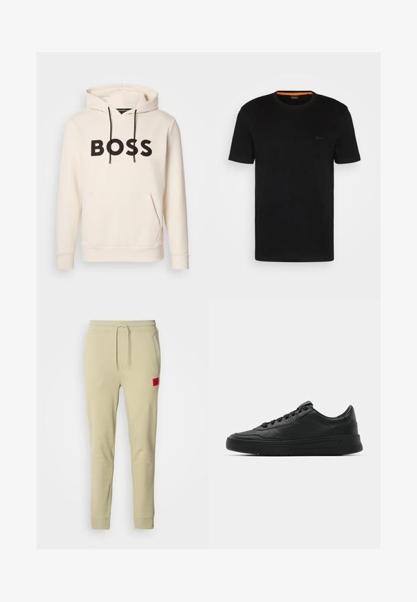 Kremna kapuca s črnim napisom "BOSS" na prsih, črnimi vrvicami ter sprednjim žepom v obliki kenguruja.; Črna kratkotrajna majica s kratkimi rokavi iz mehkega blaga, z okroglim izrezom in subtilnim logotipom na sprednji strani. V notranjem ovratniku je oranžni poudarek.; Svetlo bež trening hlače iz mehke tkanine, z elastičnim pasom na vrvico, stranskimi žepi in rdečim logotipom na desnem stegnu.; Črne superge z gladkim usnjenim zgornjim delom, okroglo konico, ravnimi vezalkami, oblazinjeno ovratnikom in minimalističnim dizajnom. Gumijast podplat z diskretnim profilom.