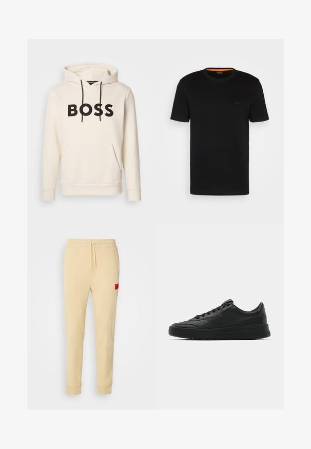 Sweatshirt creme com o texto "BOSS" em preto no peito, cordões pretos e um bolso tipo canguru na frente.; T-shirt preta de manga curta feita de um tecido macio, com um decote redondo e um logo discreto na frente. A parte interior do colarinho tem um detalhe laranja.; Calças jogger beiges feitas de tecido macio. Cintura elástica com cordão, bolsos laterais, pernas ajustadas e um patch de logótipo vermelho na coxa esquerda.; Sapatilha preta com parte superior em couro liso, bico arredondado, cadarços planos, colarinho almofadado e design minimalista. Sola de borracha com padrão de tração discreto.