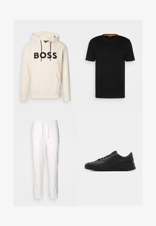 Kremowa bluza z kapturem z czarnym napisem "BOSS" na klatce piersiowej, czarne sznurki oraz przednia kieszeń kangurka.; Czarny krótki t-shirt wykonany z miękkiego materiału, z okrągłym dekoltem i subtelnym logo z przodu. Wewnątrz kołnierzyka znajduje się pomarańczowy akcent.; Białe bawełniane spodnie dresowe z elastycznym paskiem w talii, sznurkiem ściągającym i prążkowanymi mankietami. Posiadają małe czarne logo z boku.; Czarny sneakers z gładkiej skórzanej cholewce, okrągłym nosku, płaskimi sznurówkami, wyściółką kołnierza i minimalistycznym designie. Gumowa podeszwa z delikatnym wzorem bieżnika.