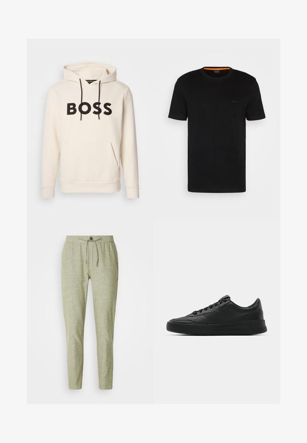 Cream-colored hoodie with black "BOSS" text on the chest, black drawstrings, and a front kangaroo pocket.; Black short-sleeve t-shirt made of soft fabric, featuring a round neckline and a subtle logo on the front. Inside collar has orange accent.; Light green jogger pants in a textured fabric, featuring an elastic waistband with a drawstring and a front button detail.; Black sneaker with smooth leather upper, round toe, flat laces, cushioned collar, and minimalistic design. Rubber sole with subtle tread pattern.