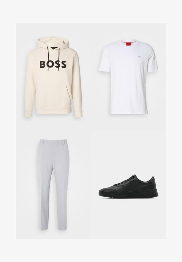 Sweatshirt creme com o texto "BOSS" em preto no peito, cordões pretos e um bolso tipo canguru na frente.; Camiseta branca de algodão com mangas curtas, decote redondo e pequeno logótipo preto "HUGO" no lado esquerdo do peito. Apresenta etiqueta interior vermelha no pescoço.; Calças sob medida de tom cinza claro, com uma textura suave, frente lisa e pernas retas; apresentam pregas marcadas e passantes para cinto.; Sapatilha preta com parte superior em couro liso, bico arredondado, cadarços planos, colarinho almofadado e design minimalista. Sola de borracha com padrão de tração discreto.