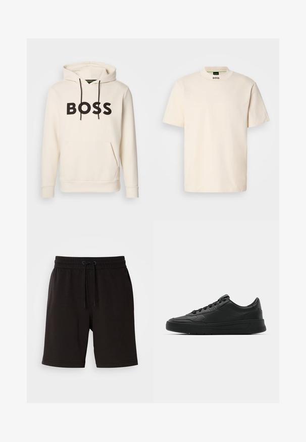 Krémová mikina s kapucňou a čiernym textom "BOSS" na hrudi, čiernymi šnúrkami a prednou kengurou vreckom.; Krémové tričko s krátkym rukávom a vysokým golierom, s nápisom "BOSS" potlačeným čiernou farbou na prednom krku a vo vnútornom štítku.; Čierne bavlnené šortky s elastickým pásom, detailom na šnúrku, bočnými vreckami a voľným strihom. Hladká textura a dĺžka po kolená.; Čierne tenisky s hladkým koženým zvrškom, okrúlym špičkou, plochými šnúrkami, polstrovaným golierom a minimalistickým dizajnom. Gumená podrážka s jemným vzorom behúňa.