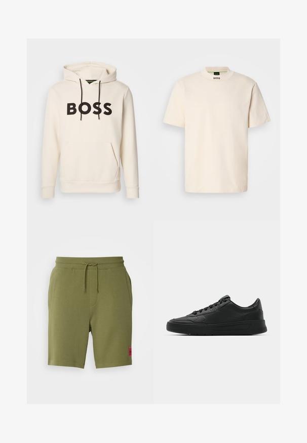 Crème kleurige hoodie met zwarte "BOSS" tekst op de borst, zwarte trekkoorden en een handige buidelzak aan de voorkant.; Crème kleurig T-shirt met korte mouwen en hoge kraag, met "BOSS" in het zwart gedrukt op de voorkant van de nek en op het binnenlabel.; HUGO DIZ - Trainingsbroek - open green; Zwarte sneaker met een glad leren bovenwerk, ronde neus, platte veters, gewatteerde kraag en minimalistisch design. Rubberen zool met een subtiel profiel.