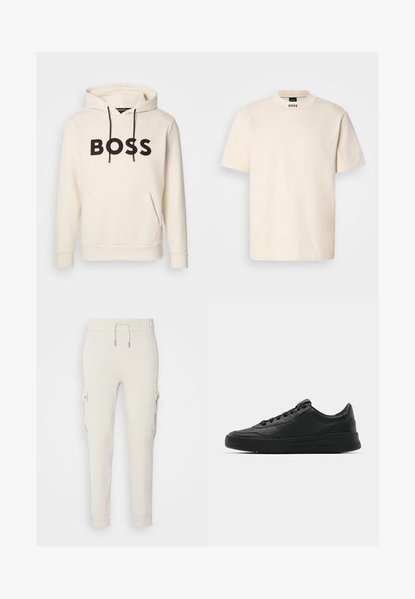 Crème kleurige hoodie met zwarte "BOSS" tekst op de borst, zwarte trekkoorden en een handige buidelzak aan de voorkant.; Crème kleurig T-shirt met korte mouwen en hoge kraag, met "BOSS" in het zwart gedrukt op de voorkant van de nek en op het binnenlabel.; Lichtbeige cargobroek van zacht katoen, voorzien van een elastische tailleband, zijzakken en taps tolopende manchetten. Eenvoudig ontwerp met functionele details.; Zwarte sneaker met een glad leren bovenwerk, ronde neus, platte veters, gewatteerde kraag en minimalistisch design. Rubberen zool met een subtiel profiel.