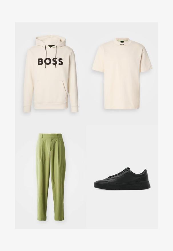 Kremna kapuca s črnim napisom "BOSS" na prsih, črnimi vrvicami ter sprednjim žepom v obliki kenguruja.; Kratek T-shirt v krem barvi s kratkimi rokavi in visokim ovratnikom, na sprednjem delu vratu in notranji etiketi pa je natisnjen napis "BOSS" v črni barvi.; Svijetlozeleni hlače napravljene od teksturiranog materijala, s ravnim krojem, plitkim naborima sprijeda i standardnim pojasom.; Črne superge z gladkim usnjenim zgornjim delom, okroglo konico, ravnimi vezalkami, oblazinjeno ovratnikom in minimalističnim dizajnom. Gumijast podplat z diskretnim profilom.