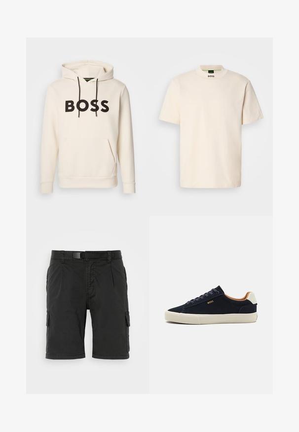 Krémová mikina s kapucí a černým nápisem "BOSS" na hrudi, černými stahovacími šňůrkami a přední kapsou ve stylu klokan.; Krémové tričko s krátkým rukávem a vysokým límcem, na přední části krku a vnitřní štítku s potiskem "BOSS" v černé barvě.; Černé cargo šortky s hladkým předním dílem, několika bočními kapsami a páskem, vyrobené z odolného materiálu s hladkým povrchem.; Navy semišové nízké tenisky s béžovou podrážkou, kontrastním hnědým interiérem a logem na vnější straně. Vyznačují se kulatými tkaničkami a hladkým povrchem.