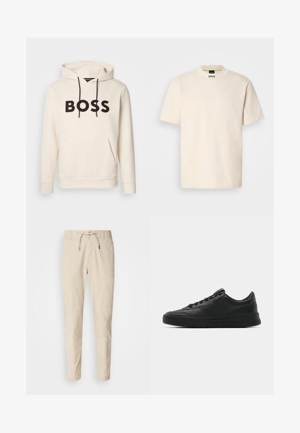 Krém színű kapucnis pulóver fekete "BOSS" felirattal a mellrészen, fekete húzózsinórokkal és egy elülső kenguruzsebbek.; Krémszínű, rövid ujjú póló, magas gallérral, amelyen a "BOSS" felirat fekete színben látható az elülső nyakrészén és a belső címkén.; Világos bézs nadrág sima szövet textúrával, rugalmas derékpánttal és állítható húzózsinórral. Fokozatosan szűkülő lábdesign. Nincs látható minta.; Fekete sneaker sima bőr felsőrésszel, kerek orral, lapos fűzőkkel, párnázott nyakkal és minimalista dizájnnal. Gumi talp finom profillal.