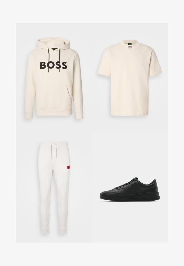 Cream-colored hoodie with black "BOSS" text on the chest, black drawstrings, and a front kangaroo pocket.; Cream-colored short-sleeve T-shirt with a high collar, featuring "BOSS" printed in black on the front neck and inside label.; White sweatpants with a drawstring waistband, ribbed cuffs, and a red logo patch on the left thigh. Soft fabric and slim fit design.; Black sneaker with smooth leather upper, round toe, flat laces, cushioned collar, and minimalistic design. Rubber sole with subtle tread pattern.