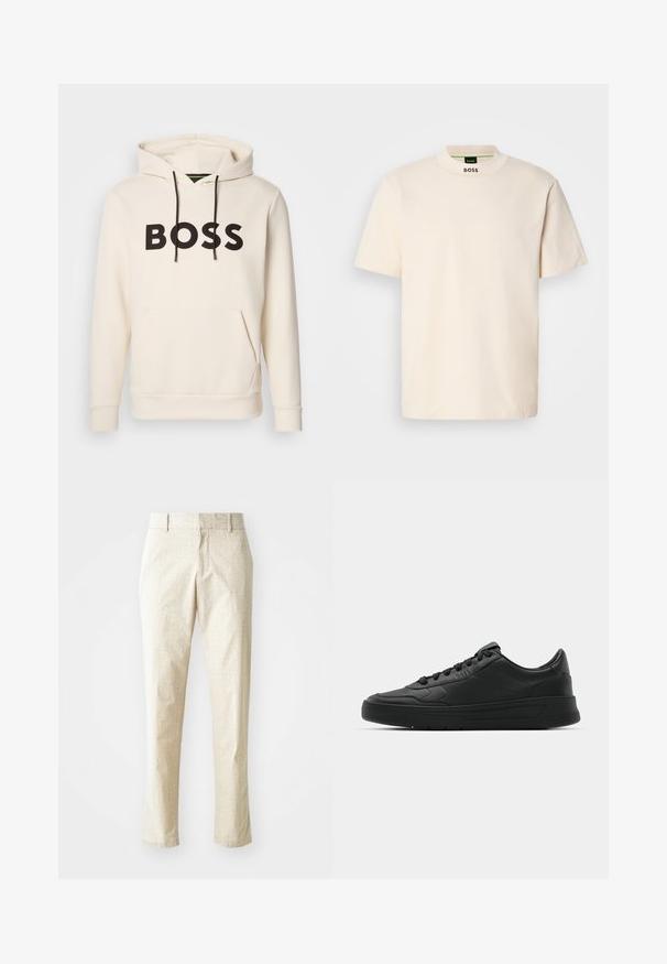 Hoodie color crema con testo "BOSS" nero sul petto, cordini neri e tasca a kangaroo anteriore.; Maglietta a maniche corte color crema con colletto alto, con la scritta "BOSS" stampata in nero sulla parte anteriore del collo e sull'etichetta interna.; Pantaloni tailored beige chiaro con un motivo testurizzato, vestibilità a gamba dritta e vita media, dotati di passanti per cintura e senza tasche visibili.; Sneaker nera con tomaia in pelle liscia, punta rotonda, lacci piatti, collare imbottito e design minimalista. Suola in gomma con un delicato motivo a rilievo.