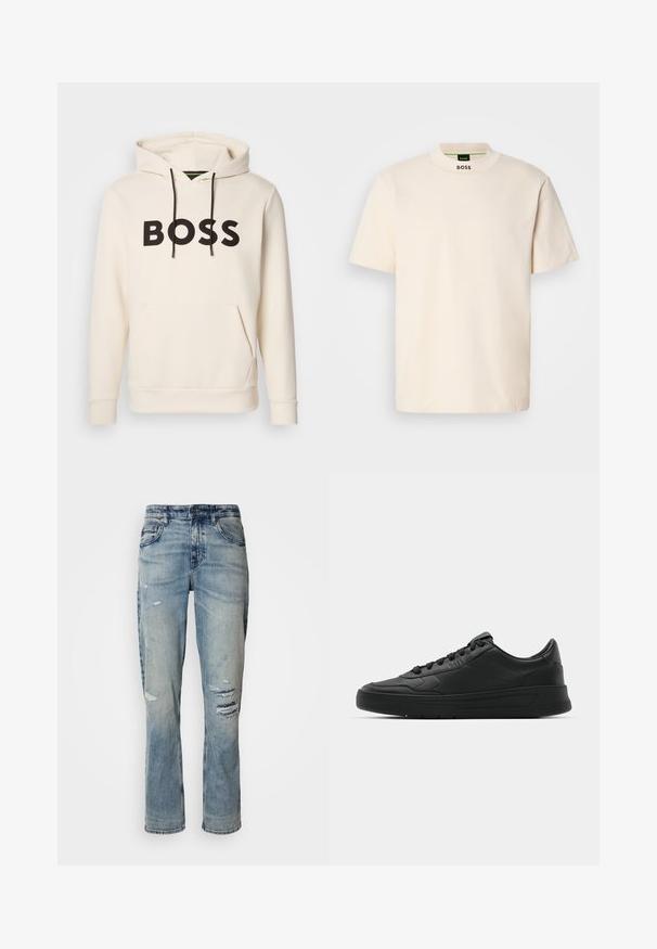 Sweatshirt creme com o texto "BOSS" em preto no peito, cordões pretos e um bolso tipo canguru na frente.; T-shirt de manga curta na cor creme com colarinho alto, apresentando "BOSS" impresso a negro na parte frontal do pescoço e na etiqueta interior.; Jeans de ganga azul claro com corte de perna reta, detalhes desgastados e lavagem desbotada. Design padrão de cinco bolsos com fecho de botão.; Sapatilha preta com parte superior em couro liso, bico arredondado, cadarços planos, colarinho almofadado e design minimalista. Sola de borracha com padrão de tração discreto.