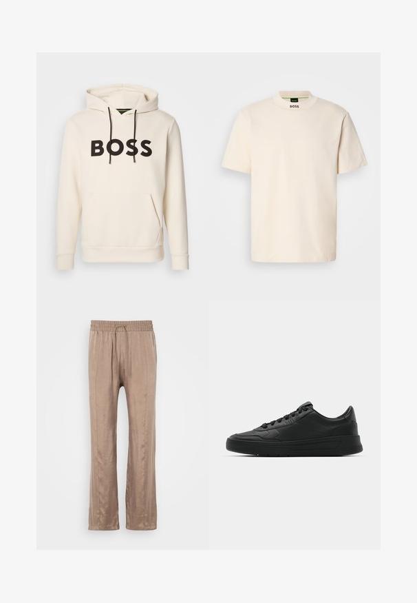 Kreemivärvi kapuutsiga särk, millel on must "BOSS" tekst rinna peal, mustad nöörid ja esine tasku.; Kreemja värvi lühikeste varrukatega T-särk kõrge kaelusega, mille ees on musta värvi kiri "BOSS" trükitud kaelaosa ja siltide peale.; Heledad pruunid, laiad püksid, millel on sile kangas, elastne vöökoht ja nöör, ning kaks esimest kortsu.; Mustmustel musta nahast ülemise osaga, ümmarguse varbaga, lamest paeltega, pehmendatud kaeluse ja minimalistliku disainiga. Kummist tald, millel on peen tihenemine.