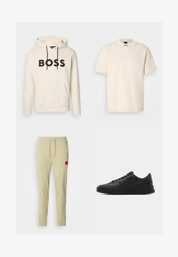 Kreminės spalvos džemperis su juodu "BOSS" tekstu ant krūtinės, juodomis pavadėlėmis ir priekinėmis kengūros kišenėmis.; Kreminės spalvos trumpas rankovės marškinėliai su aukštu apykakle, ant kurių priekyje kaklo ir vidinėje etiketėje juodu spalva yra užrašas "BOSS".; Šviesiai smėlio spalvos sportinės kelnės, pagamintos iš minkštos medžiagos, su virvutės juosmeniu, šoninėmis kišenėmis ir raudonu logotipo pleistru dešinėje šlaunyje.; Juodi sportiniai batai su lygia odine viršutine dalimi, apvaliu pirštu, plokščiomis raišteliais, pagaminta su paminkštinta apykakle ir minimalizmo dizainu. Guma padais su subtilia protektoriaus raštu.