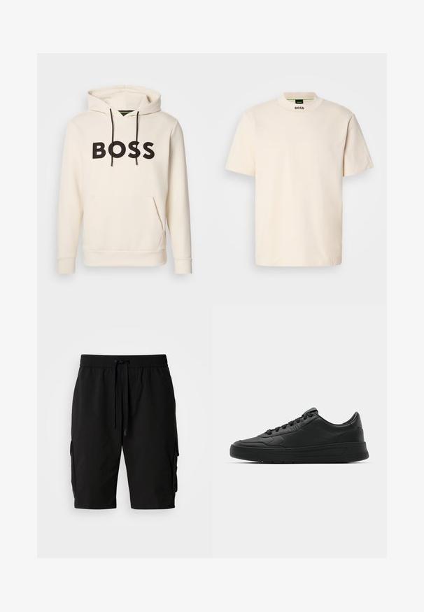 Kremfarget hettegenser med svart "BOSS" tekst på brystet, svarte snorer og en kengurulomme foran.; Kremfarget kortermet T-skjorte med høy krage, med "BOSS" trykket i svart på den fremre kragen og på innermetikk.; Sorte cargo shorts i lett stoff, med elastisk midje, snor og sidelommer for ekstra oppbevaring.; Sorte sneakers med glatt skinnøvre, rund tå, flate lisser, polstret krage og minimalistisk design. Gummisåle med subtilt mønster.