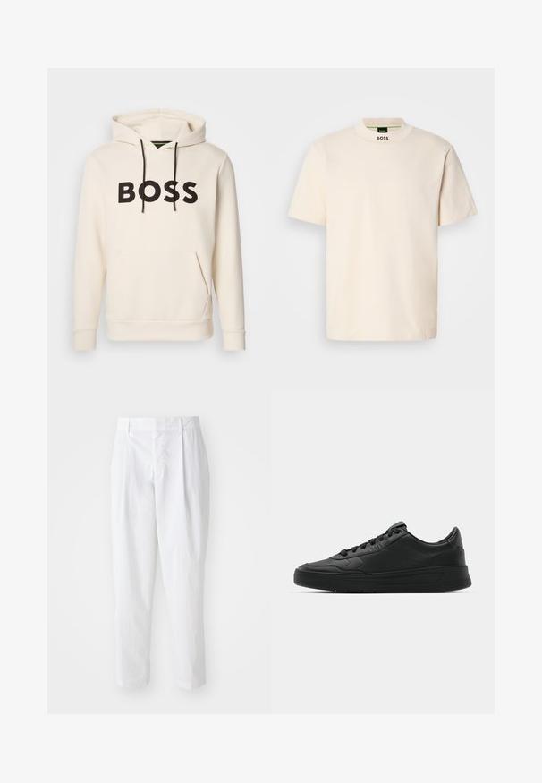 Kremna kapuca s črnim napisom "BOSS" na prsih, črnimi vrvicami ter sprednjim žepom v obliki kenguruja.; Kratek T-shirt v krem barvi s kratkimi rokavi in visokim ovratnikom, na sprednjem delu vratu in notranji etiketi pa je natisnjen napis "BOSS" v črni barvi.; Bele plisirane hlače z visokim pasom in skrajšano dolžino, ki se ponašajo z gladko teksturo in čistimi linijami. Brez vidnih kovinskih delov ali vzorcev.; Črne superge z gladkim usnjenim zgornjim delom, okroglo konico, ravnimi vezalkami, oblazinjeno ovratnikom in minimalističnim dizajnom. Gumijast podplat z diskretnim profilom.