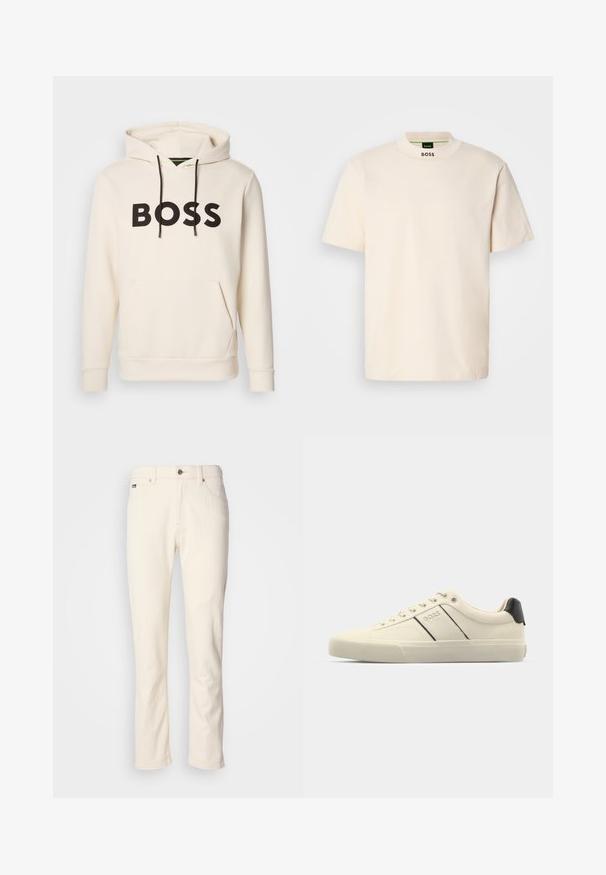 Kremowa bluza z kapturem z czarnym napisem "BOSS" na klatce piersiowej, czarne sznurki oraz przednia kieszeń kangurka.; Kremowa koszulka z krótkim rękawem z wysokim kołnierzem, z nadrukiem "BOSS" w kolorze czarnym na przedniej części kołnierza oraz wewnętrznej metce.; Jasno-beżowe dżinsy o prostym kroju z zapięciem na guziki, szlufkami na pasek i przednimi kieszeniami na jednolitym tle.; Sneakers w kolorze kremowym o gładkiej teksturze, z czarnymi akcentami i logo. Klasyczny fason na sznurówki, z okrągłym czubkiem i gumową podeszwą.