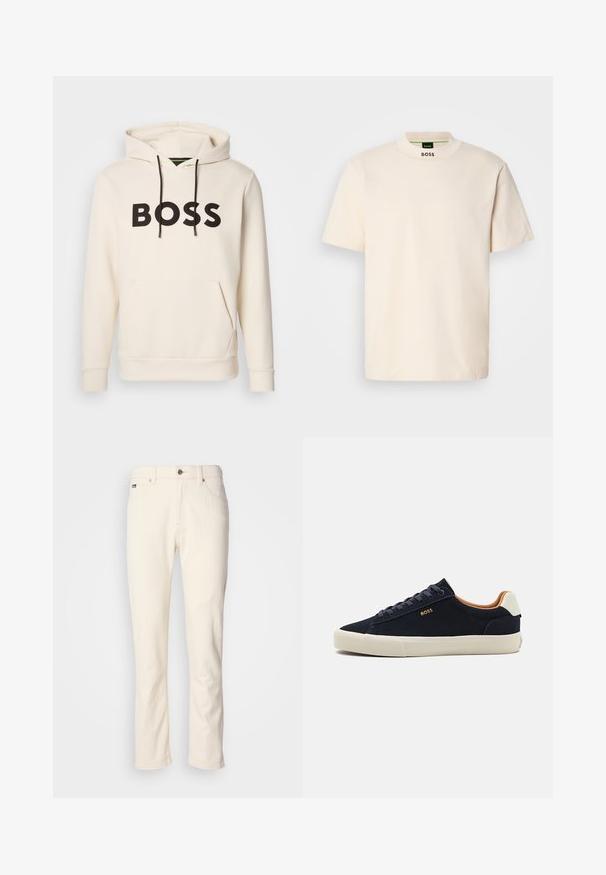 Kremfarget hettegenser med svart "BOSS" tekst på brystet, svarte snorer og en kengurulomme foran.; Kremfarget kortermet T-skjorte med høy krage, med "BOSS" trykket i svart på den fremre kragen og på innermetikk.; Off-white rette ben jeans med knappeåpning, beltestropper og frontlommer mot en enkel bakgrunn.; Marineblå semsket lave sneakers med beige sål, kontrasterende tan inderside og logo detalje på den yderste side. Har runde snørebånd og glat tekstur.