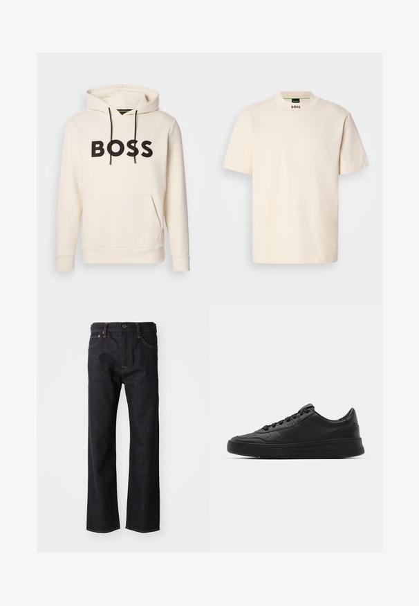 Kremna kapuca s črnim napisom "BOSS" na prsih, črnimi vrvicami ter sprednjim žepom v obliki kenguruja.; Kratek T-shirt v krem barvi s kratkimi rokavi in visokim ovratnikom, na sprednjem delu vratu in notranji etiketi pa je natisnjen napis "BOSS" v črni barvi.; Temno modri jeansi iz denima s ravnimi nogavicami, zapiranje na mesingasto gumb, oranžni šivi in zasnova s petimi žepi. Klasičen kroj in trdna tekstura.; Črne superge z gladkim usnjenim zgornjim delom, okroglo konico, ravnimi vezalkami, oblazinjeno ovratnikom in minimalističnim dizajnom. Gumijast podplat z diskretnim profilom.