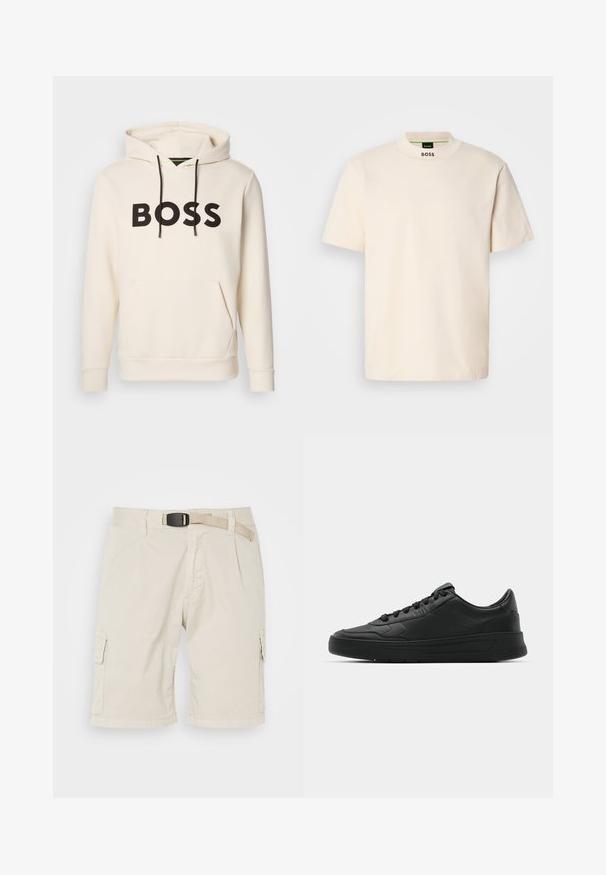 Krém színű kapucnis pulóver fekete "BOSS" felirattal a mellrészen, fekete húzózsinórokkal és egy elülső kenguruzsebbek.; Krémszínű, rövid ujjú póló, magas gallérral, amelyen a "BOSS" felirat fekete színben látható az elülső nyakrészén és a belső címkén.; Beige cargo nadrág, lapos elülső résszel, övhurkokkal, redőkkel, oldalzsebekkel és texturált anyagból készült. Hossza a comb közepéig ér.; Fekete sneaker sima bőr felsőrésszel, kerek orral, lapos fűzőkkel, párnázott nyakkal és minimalista dizájnnal. Gumi talp finom profillal.