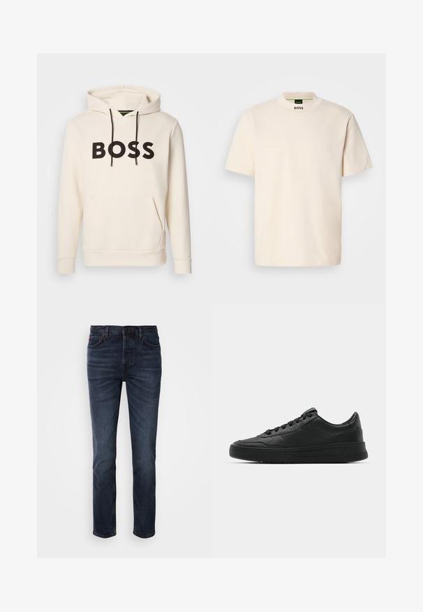 Kremfarget hettegenser med svart "BOSS" tekst på brystet, svarte snorer og en kengurulomme foran.; Kremfarget kortermet T-skjorte med høy krage, med "BOSS" trykket i svart på den fremre kragen og på innermetikk.; Mørkeblå denim jeans med rett ben-design, som har fem lommer, knapp- og glidelås-stengning, samt subtile stingdetaljer.; Sorte sneakers med glatt skinnøvre, rund tå, flate lisser, polstret krage og minimalistisk design. Gummisåle med subtilt mønster.