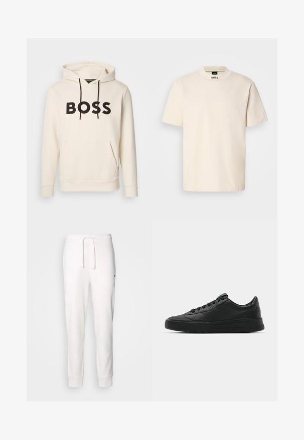 Krēmkrāsas kapuce ar melnu "BOSS" tekstu uz krūtīm, melniem auklām un priekšējo kangaru kabatu.; Krēmkrāsas īsām piedurknēm T-krekls ar augstu apkakli, uz kura priekšpuses un iekšējā etiketē ir melnā krāsā izdrukāts "BOSS".; Baltas kokvilnas sporta bikses ar elastīgu jostasvietu, aukliņu un ribotām piedurknēm. Uz sāniem atrodas neliels melns logo.; Melnās kedas ar gludu ādas augšpusi, apaļu purngalu, plakaniem šņorēm, mīkstinātu apkakli un minimālistisku dizainu. Gumijas zole ar smalku rakstu.