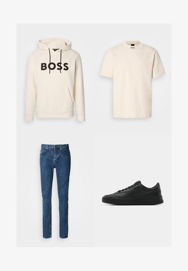 Sweatshirt creme com o texto "BOSS" em preto no peito, cordões pretos e um bolso tipo canguru na frente.; T-shirt de manga curta na cor creme com colarinho alto, apresentando "BOSS" impresso a negro na parte frontal do pescoço e na etiqueta interior.; Jeans de denim azul escuro com um corte reto, apresentando bolsos frontais, fecho de correr e detalhes de costura subtil.; Sapatilha preta com parte superior em couro liso, bico arredondado, cadarços planos, colarinho almofadado e design minimalista. Sola de borracha com padrão de tração discreto.