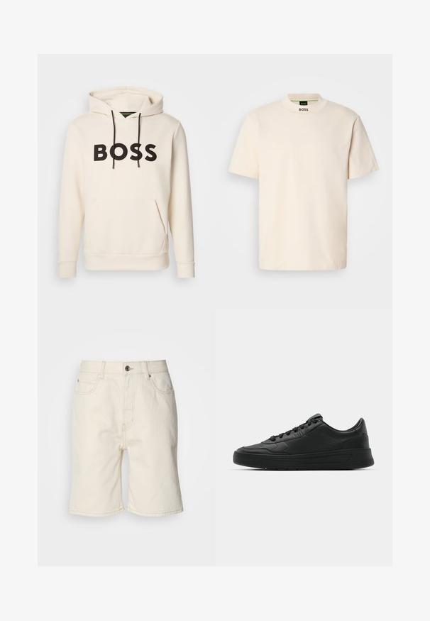 Helle Hoodie in Cremefarbe mit schwarzem "BOSS"-Text auf der Brust, schwarzen Kordelzügen und einer frontalen Kängurutasche.; Cremfarbener Kurzarm-T-Shirt mit hohem Kragen, auf dem die Aufschrift "BOSS" in Schwarz auf der Vorderseite des Halsausschnitts und im Etikett innen gedruckt ist.; Beige Denim-Shorts mit geradem Schnitt, fünf Taschen und einem Knopfverschluss vorne. Leicht strukturierter Stoff mit sichtbarer Naht.; Schwarze Sneaker mit glattem Lederobermaterial, runder Zehenpartie, flachen Schnürsenkeln, gepolstertem Kragen und minimalistischem Design. Gummisohle mit subtiler Profilierung.